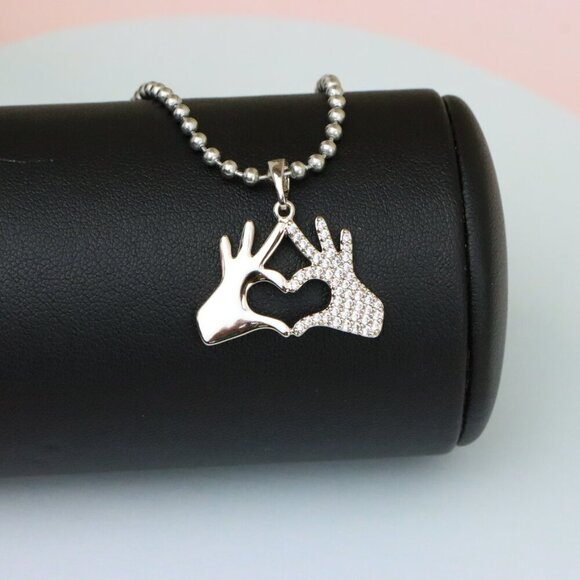 "Silver Heart Hands Pendant in Gold Plated Brass with Crystal Detail, XPPT1728 - Picture 2 of 13